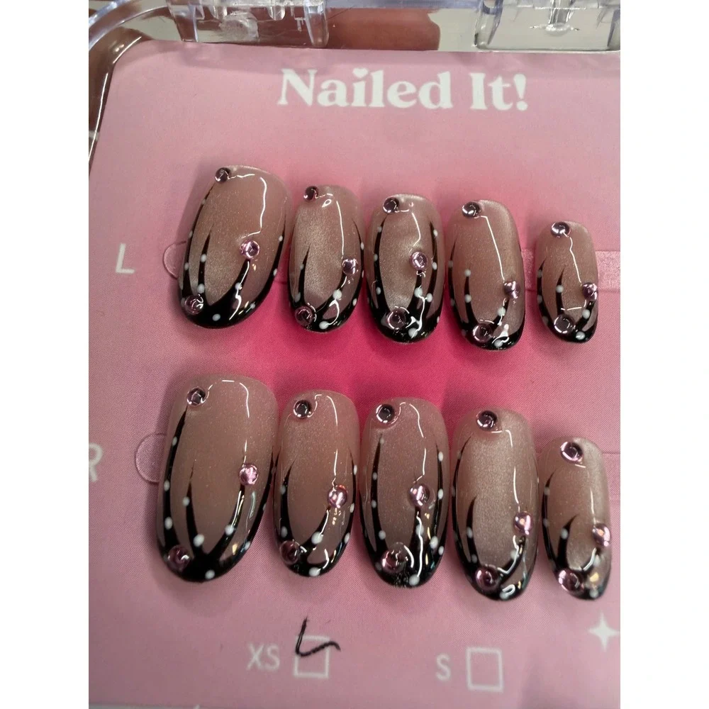 Nailed It! Press On Nails Size S Cat Eye Black French Tip Pink Rhinestone Almond